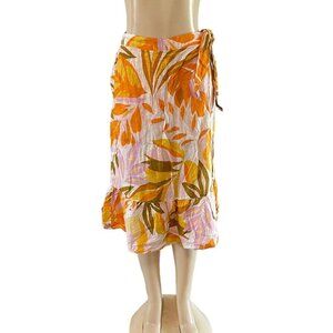 C&C California Floral Linen Midi Trumpet Skirt Wrap Tie Elastic Waist‎ Pockets